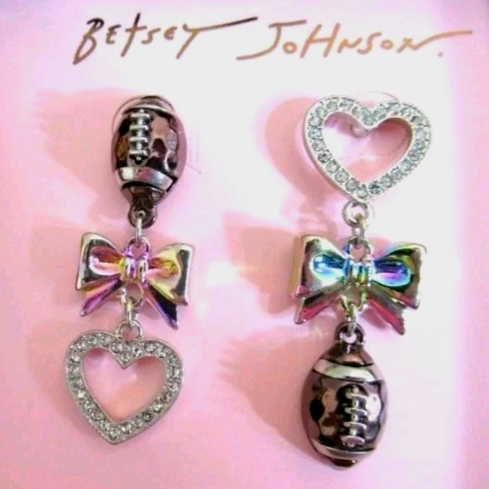 NEW Betsey Johnson Love Football Heart Bow Iridescent Silver Tone Drop Earrings
